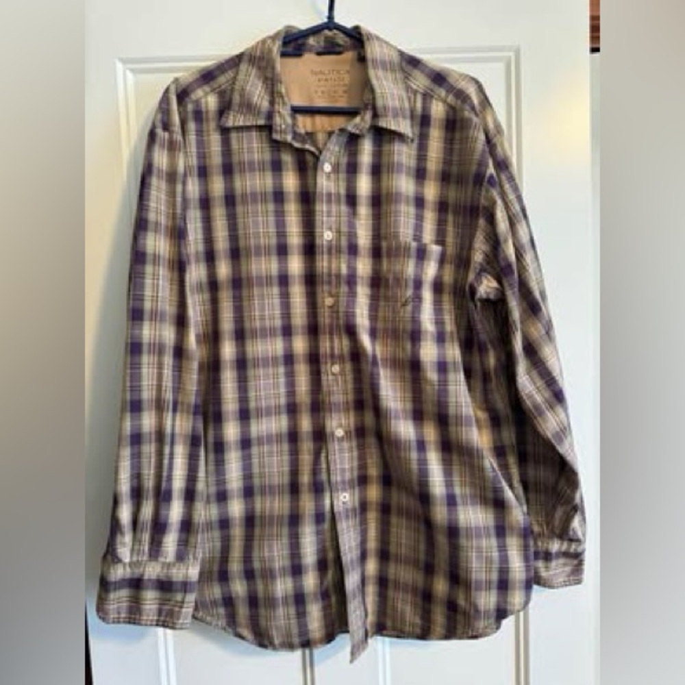 Nautica Men's long‎ sleeve button up dress casual shirt large plaid purple green